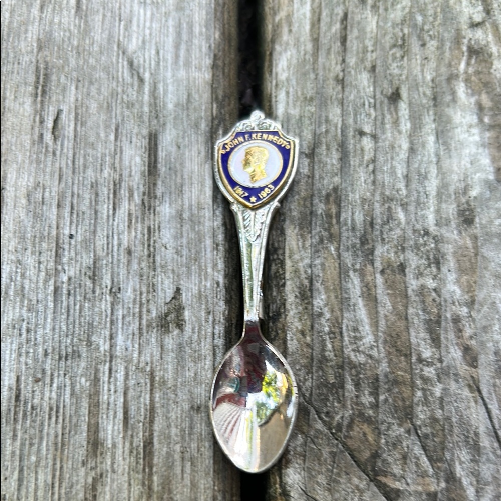 JFK Silver Tone Souvenir Spoon Pin with Blue and Gold Emblem